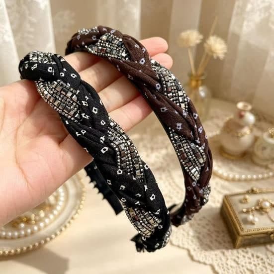 Braided Rhinestone Headband, Black and Brown
