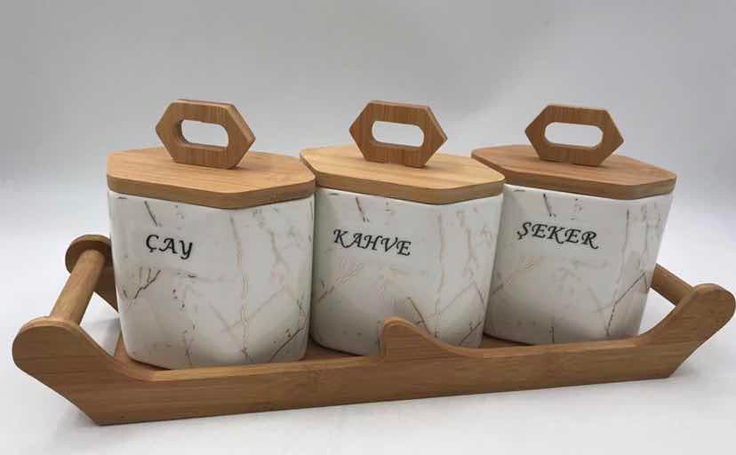 3-Piece Marble-Effect Ceramic Canister Set with Turkish Labels on Bamboo Tray