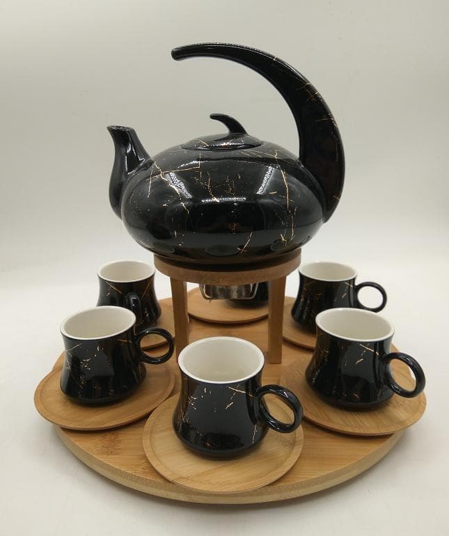 Black Marble-Effect Ceramic Teapot and Six Cup Set with Saucers on Round Bamboo Tray