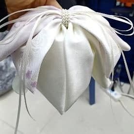 Ivory Satin Bow Claw Clip with Pearl and Ribbon Tails