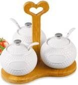 3-Piece Dimpled Ceramic Spice Jar Set with Spoons on Heart-Handle Bamboo Tray