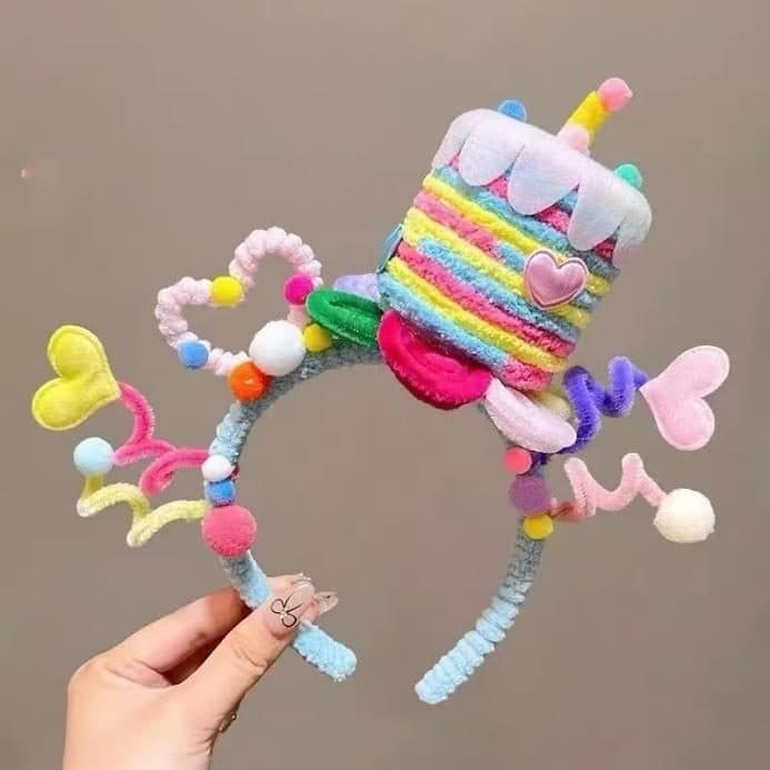 Rainbow Curl Headband with Cake, Blue