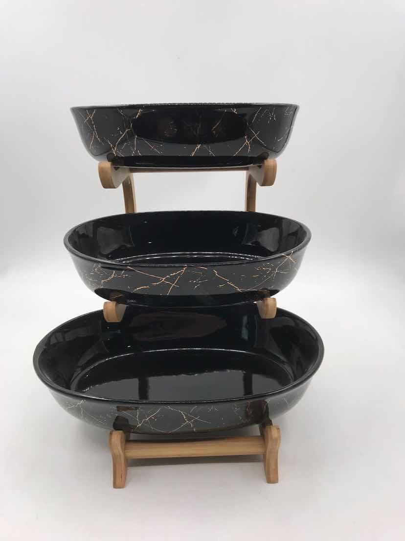 Tiered Black Marble-Effect Ceramic Serving Bowl Stand, Round