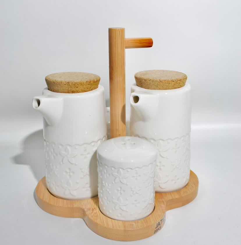 Ceramic Oil Bottle and Shaker Set with Cork Stoppers on Bamboo Stand