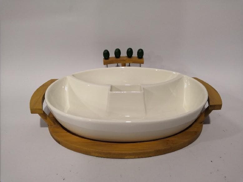 Oval Ceramic Serving Dish on Bamboo Tray with Cocktail Picks, Large