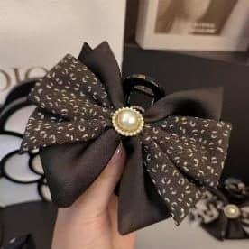 Brown Floral Print Bow Claw Clip with Pearl, 13 cm