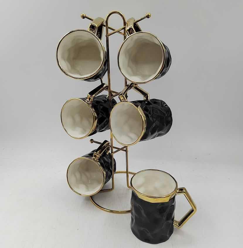 6-Piece Gold-Rimmed Faceted Ceramic Mug Set on Gold Metal Mug Tree, Black