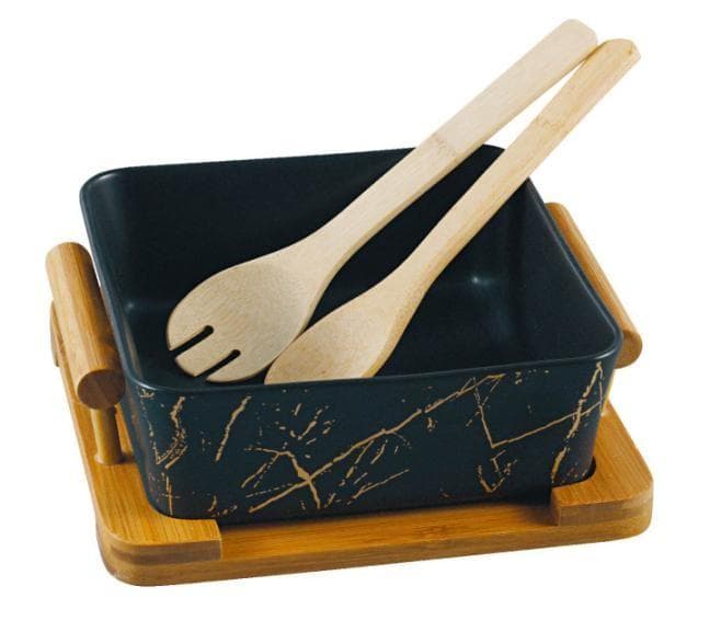 Black Marble-Effect Rectangular Ceramic Baking Dish with Bamboo Servers and Base