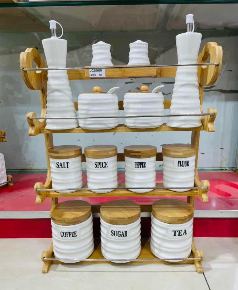 Ribbed Ceramic Canister, Spice Jar and Oil Bottle Set on Three-Tier Bamboo Rack