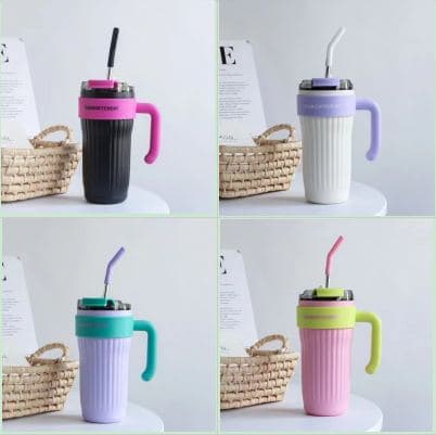 Diwangxin Handled Coffee Tumbler with Ribbed Body and Straw, 800ml