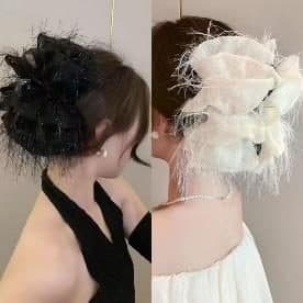 Black Tulle and Cream Feather Organza Claw Clip