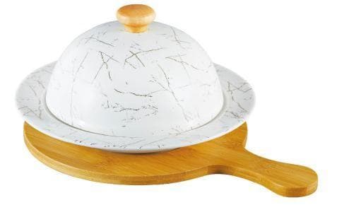 Marble-Effect Ceramic Dome Dish on Bamboo Paddle Board, Small