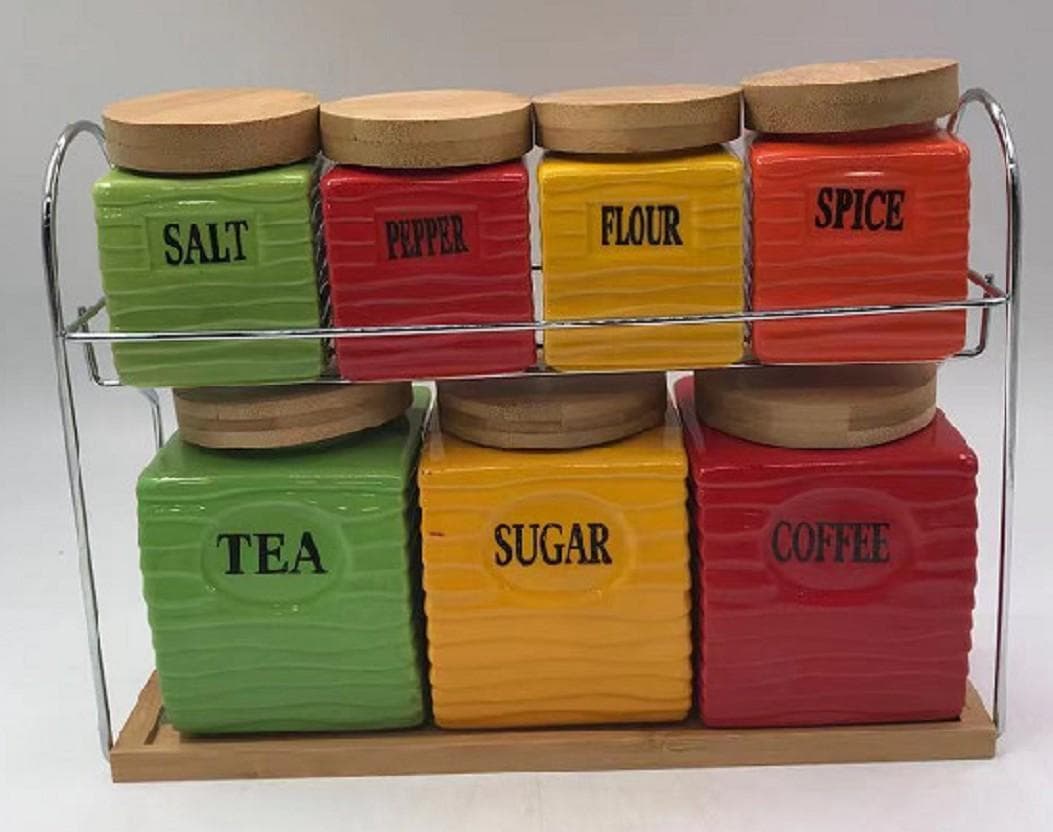 7-Piece Wood-Grain Coloured Ceramic Canister and Spice Set on Two-Tier Rack