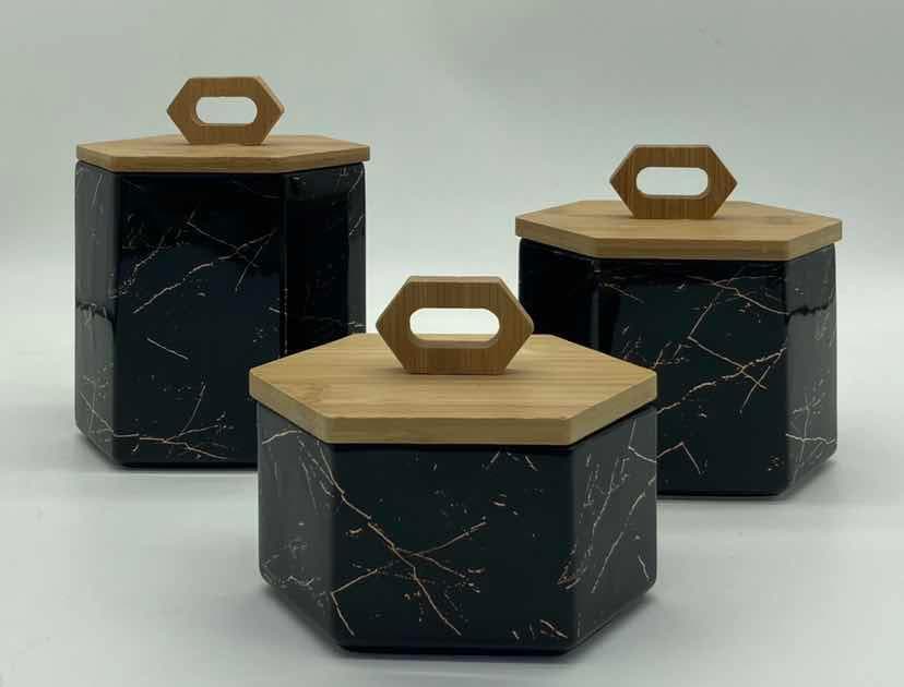 3-Piece Hexagonal Black Marble-Effect Ceramic Canister Set with Bamboo Lids