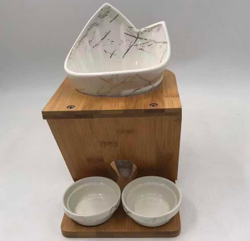 Marble-Effect Ceramic Napkin Holder with Two Dip Bowls on Bamboo Stand