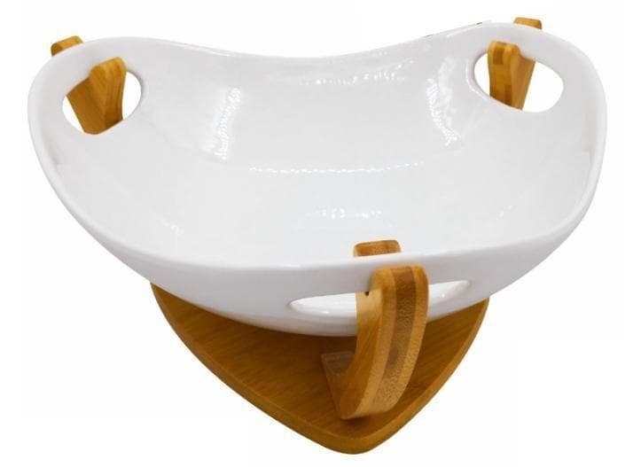 Ceramic Fruit Bowl with Cut-Out Handles on Bamboo Cradle