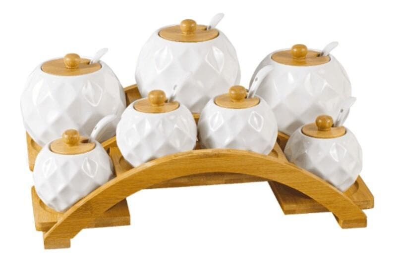 6-Piece Textured Ceramic Spice Pot Set with Spoons on Arched Bamboo Stand