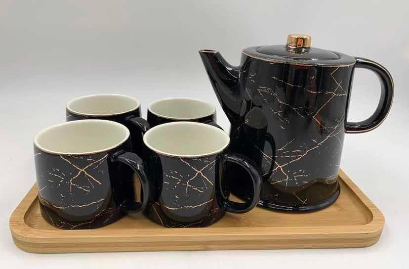 Marble-Effect Ceramic Teapot and Four Cup Set on Bamboo Tray, Black