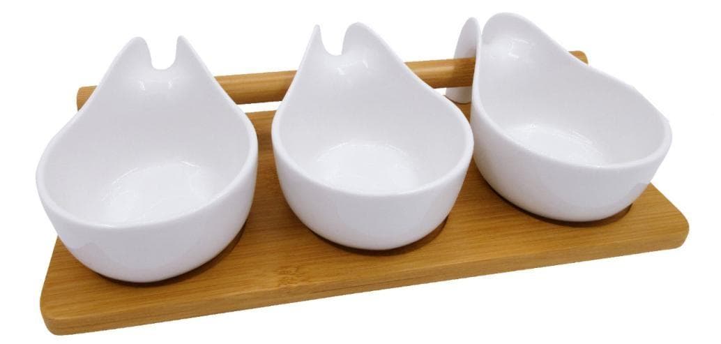 3-Piece Apple-Shaped Ceramic Dip Bowl Set on Bamboo Tray
