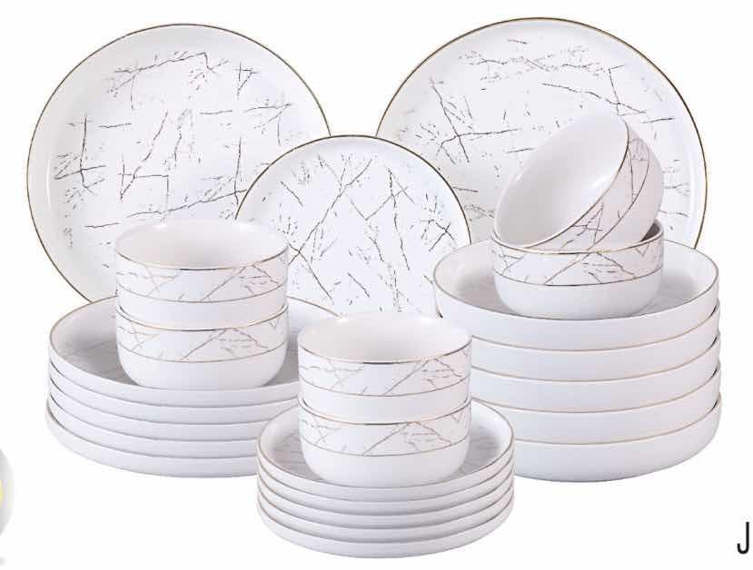24-Piece Gold-Rimmed Marble-Effect Ceramic Dinner Set