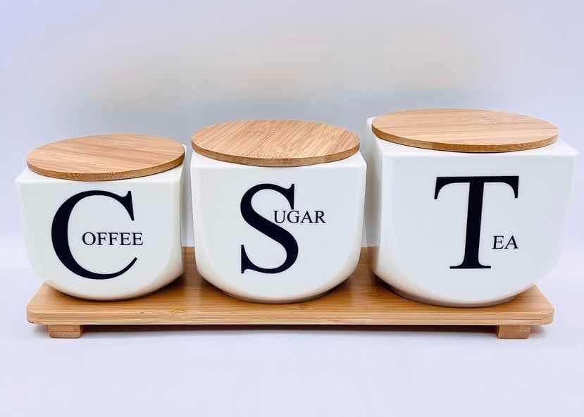 3-Piece Coffee, Sugar and Tea Ceramic Canister Set on Bamboo Tray