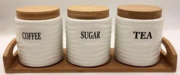 3-Piece Wave-Embossed Ceramic Coffee, Sugar and Tea Canister Set on Bamboo Tray