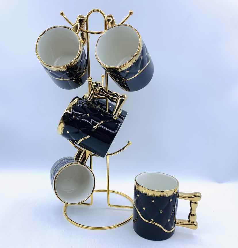 6-Piece Gold-Rimmed Ceramic Mug Set on Gold Metal Mug Tree, Black