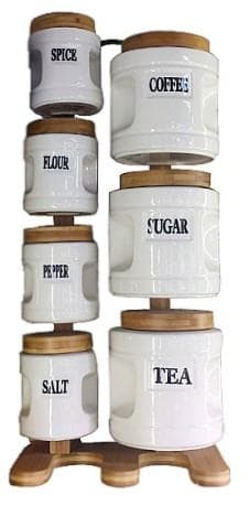 7-Piece Labelled Round Ceramic Canister and Spice Set on Vertical Bamboo Rack