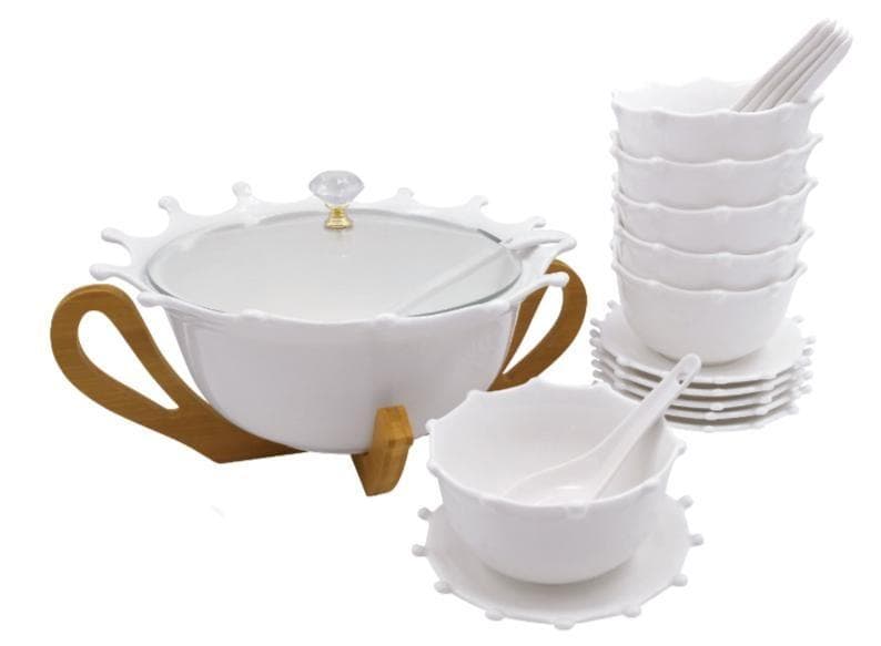 Ceramic Soup Tureen Set with Bowls and Spoons on Bamboo Stand