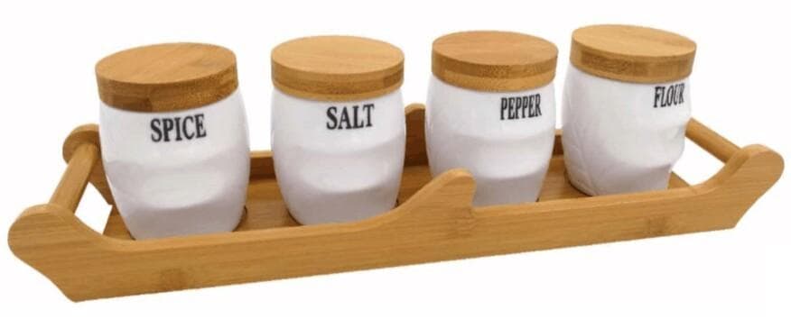 4-Piece Labelled Ceramic Spice Canister Set with Bamboo Lids on Tray