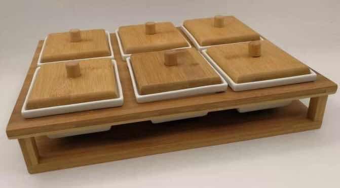 6-Piece Square Ceramic Serving Dish Set with Bamboo Lids on Stand