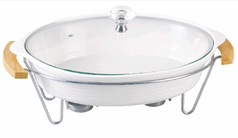 Round Ceramic Chafing Dish with Glass Lid and Bamboo-Handle Stand