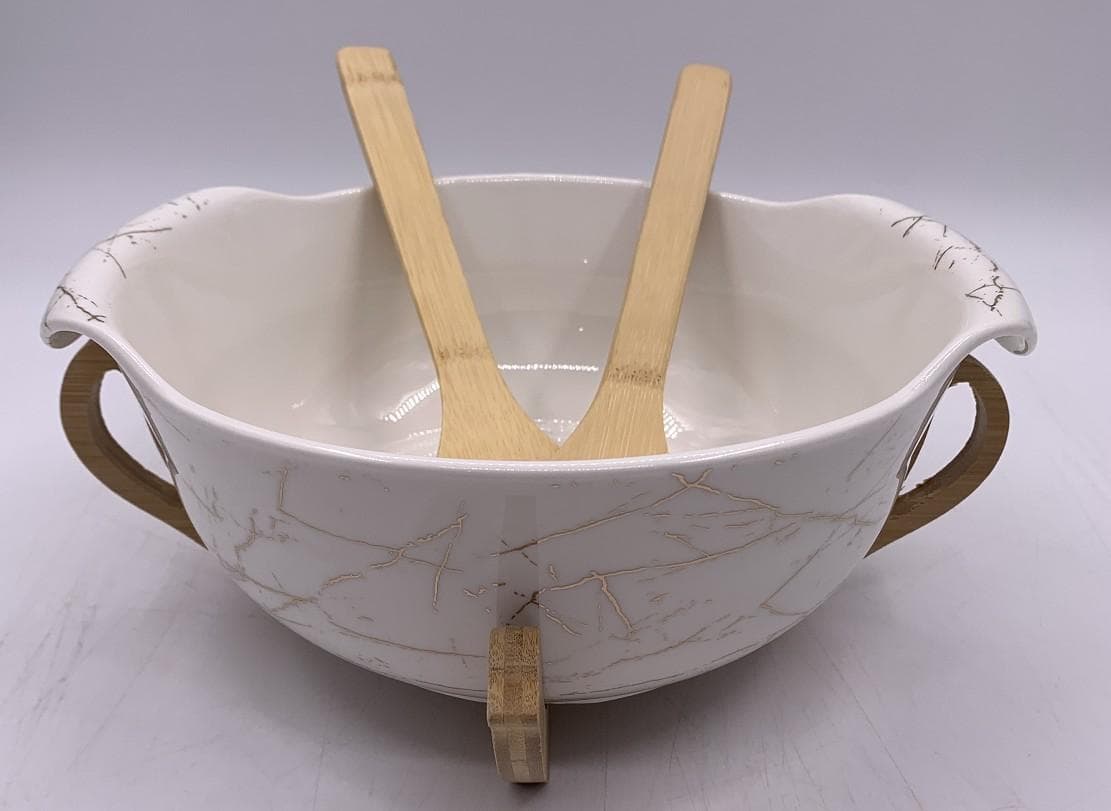Marble-Effect Ceramic Salad Bowl with Bamboo Servers