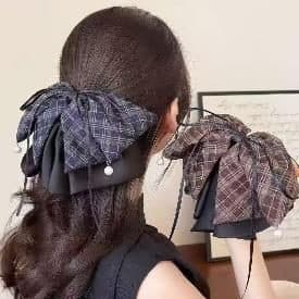 Purple Check Bow Claw Clip with Ribbon Tails