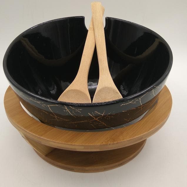 Black Marble-Effect Ceramic Salad Bowl with Bamboo Server and Base