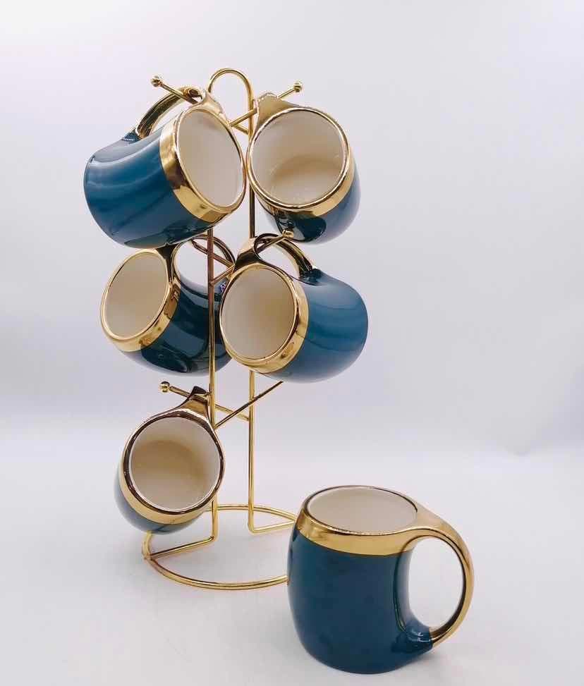6-Piece Gold-Rimmed Straight Ceramic Mug Set on Gold Metal Mug Tree, Dark Green
