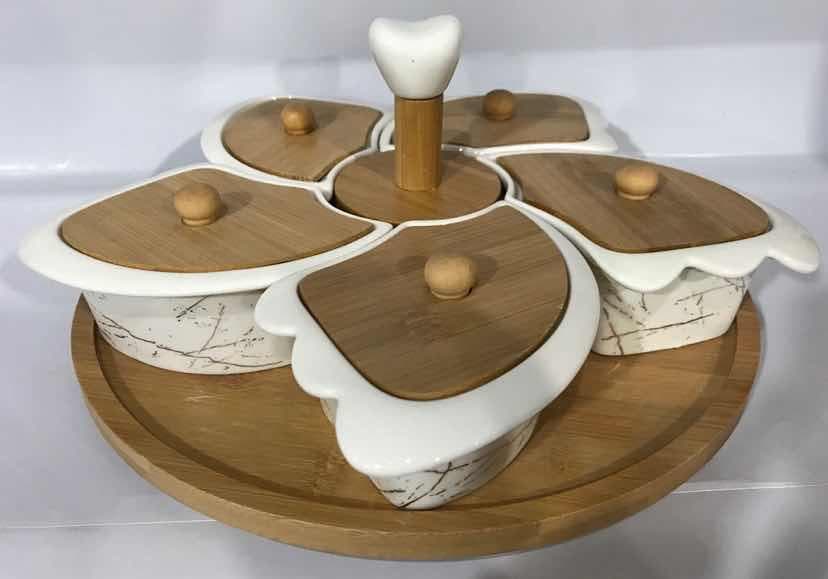 5-Piece Marble-Effect Lidded Ceramic Dish Set on Rotating Bamboo Base with Ceramic Handle