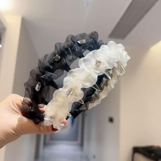 Organza Ruffle Headband with Crystals, Black and Cream