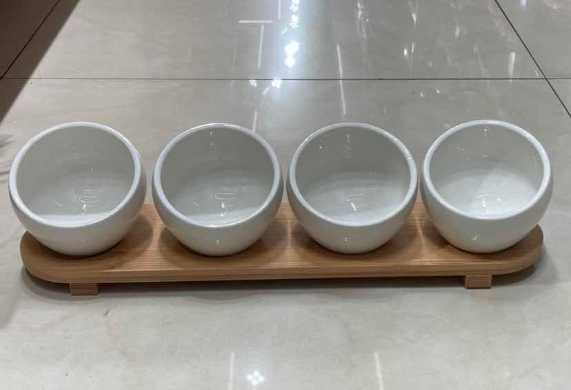 4-Piece Small Ceramic Bowl Set on Rectangular Bamboo Tray