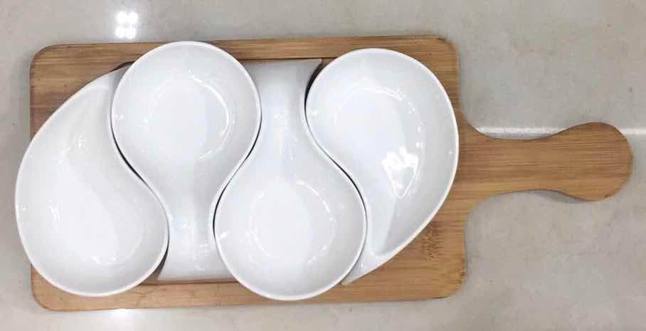 3-Section Ceramic Dip Dish on Bamboo Paddle Board