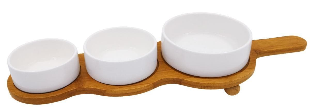 3-Piece Round Ceramic Dip Bowl Set on Bamboo Paddle Board