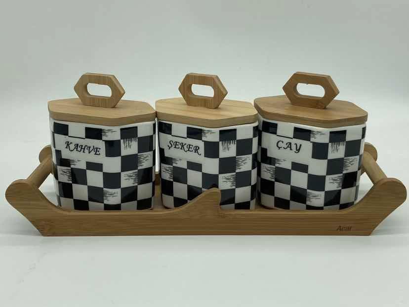 3-Piece Chequerboard Ceramic Canister Set with Turkish Labels on Bamboo Tray
