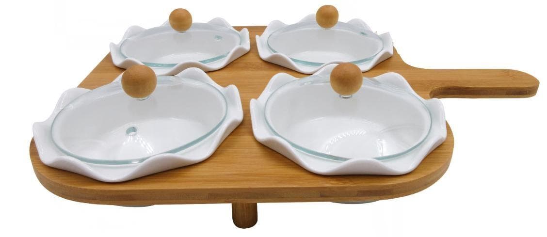 4-Piece Flower-Shaped Ceramic Dip Bowl Set on Bamboo Paddle Board
