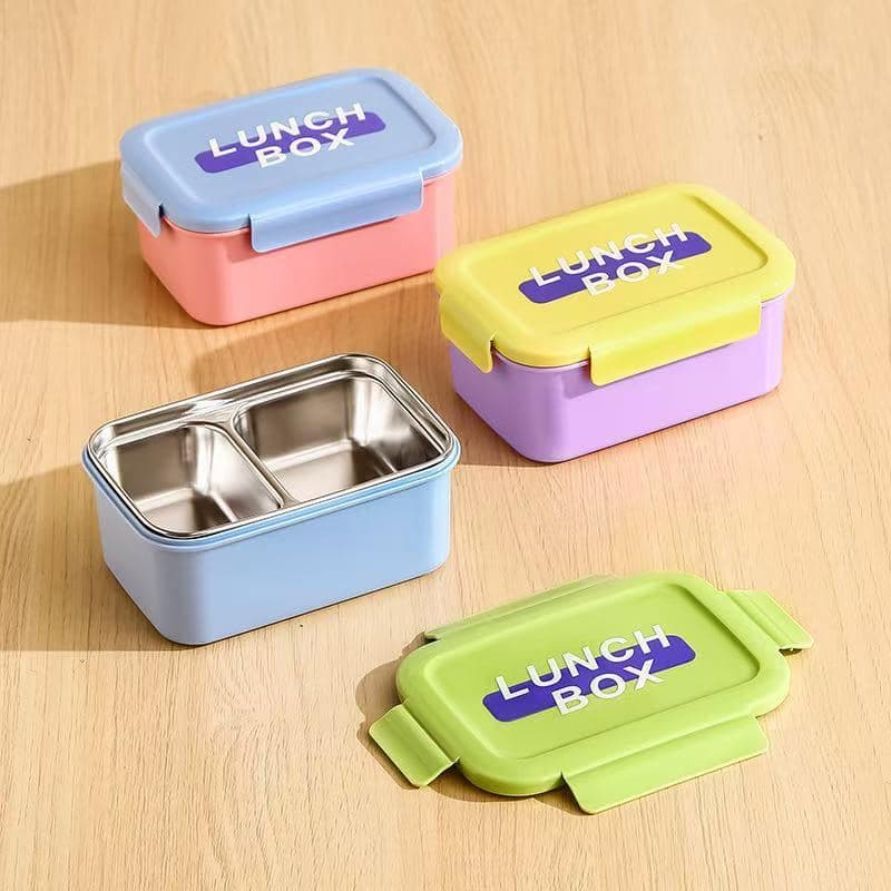 201 Stainless Steel 2-Compartment Lunch Box, 700 ml, 18 x 12.5 x 8 cm, with Spoon and Fork 2