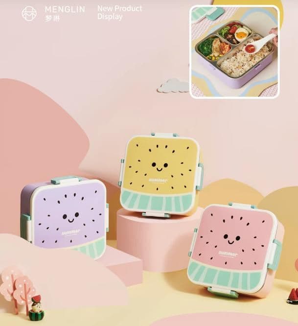 Watermelon 304 Stainless Steel Lunch Box, 745 ml, 18.5 x 18.5 x 6.5 cm, with Spoon and Fork