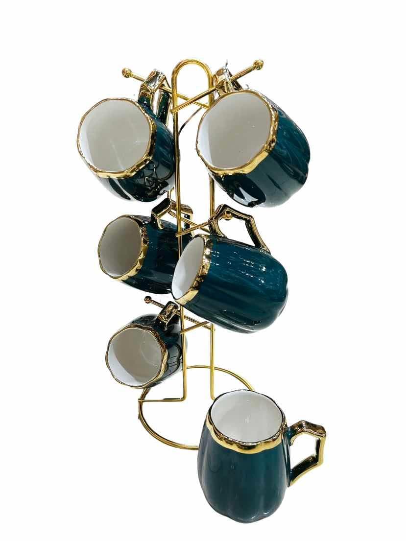 6-Piece Gold-Rimmed Scalloped Ceramic Mug Set on Gold Metal Mug Tree, Dark Green