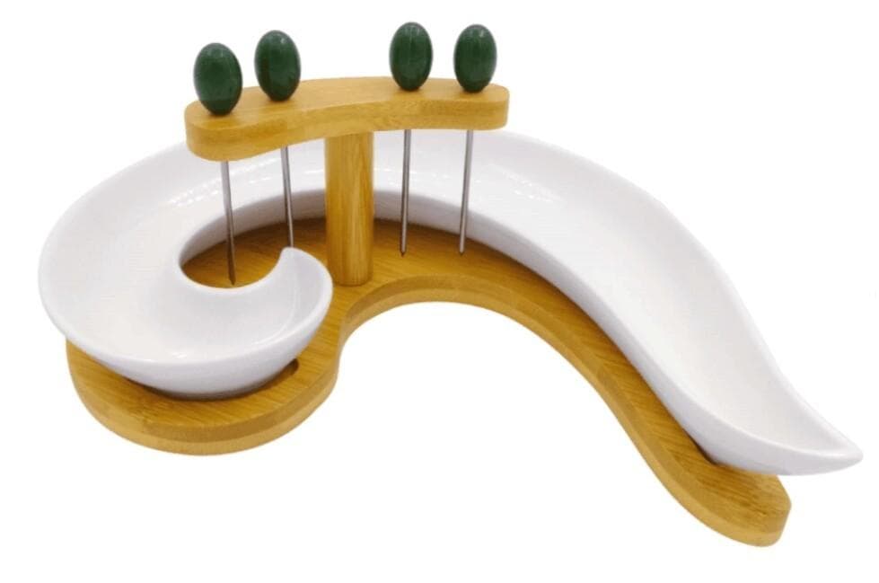 Curved Ceramic Snack Dish on Bamboo Base with Picks, Small