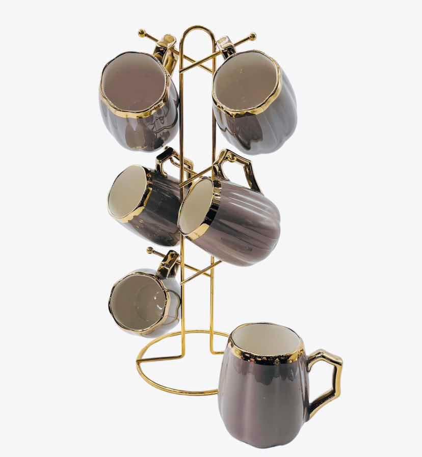 6-Piece Gold-Rimmed Scalloped Ceramic Mug Set on Gold Metal Mug Tree, Grey
