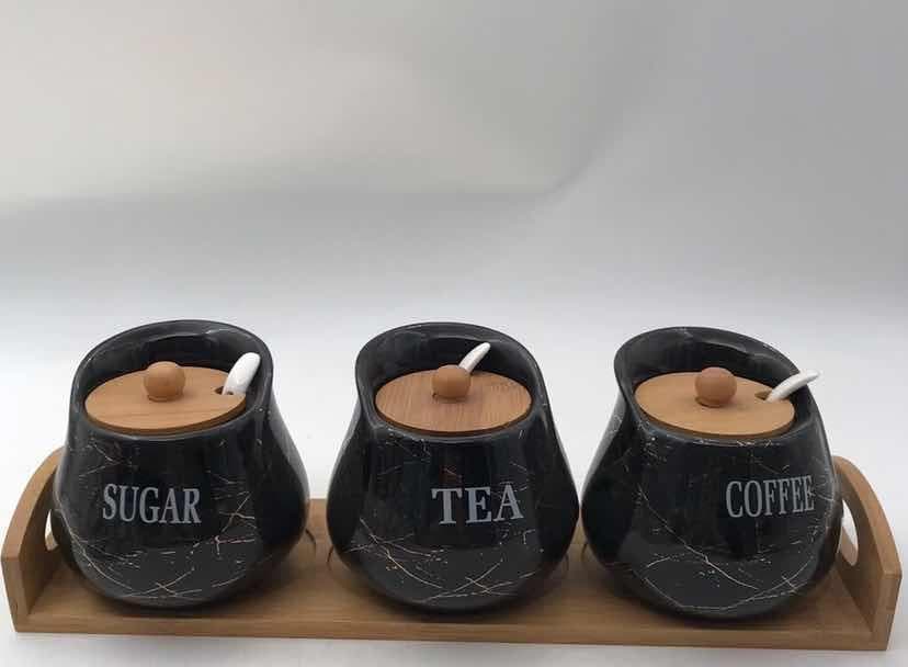3-Piece Rounded Black Marble-Effect Ceramic Condiment Jar Set with Spoons on Bamboo Tray