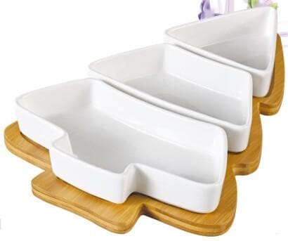 3-Piece Ceramic Serving Dish Set on Bamboo Tray